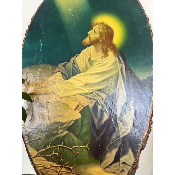 Vintage Jesus Decoupage on Wood with Bark 17” Wall Hanging Christ In The Garden - Picture 2 of 7